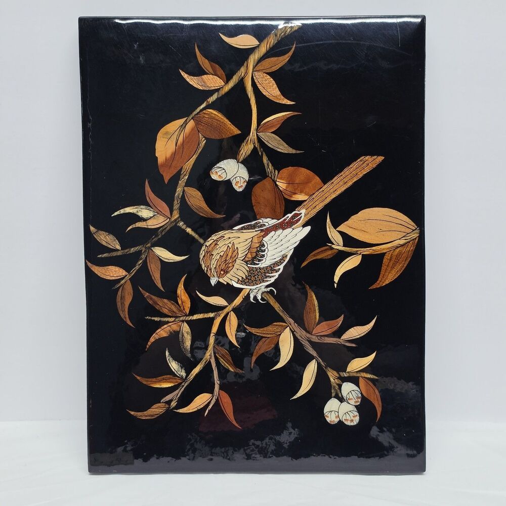 Vintage Black Lacquered MARQUETRY INLAID WOOD w/ Mother Of Pearl Bird On Branch